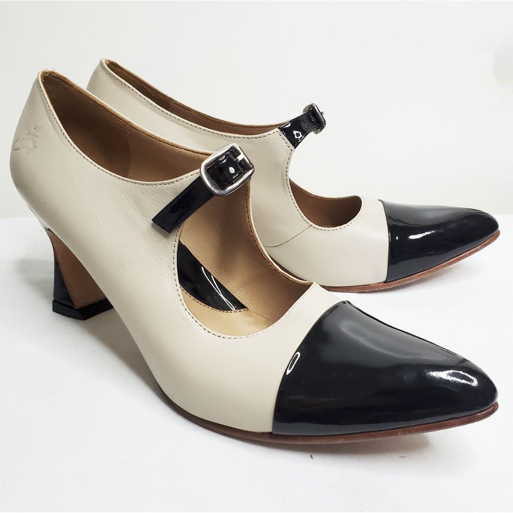 John Fluevog Cream and Black Mary Jane Heels